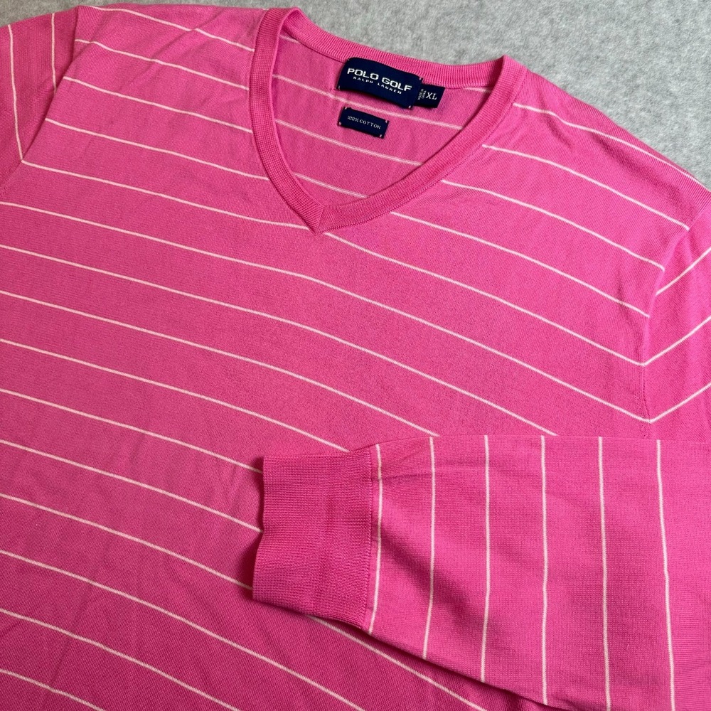 Polo Golf Ralph Lauren Men's XL Pink Striped V-Neck Sweater 100% Cotton Knit